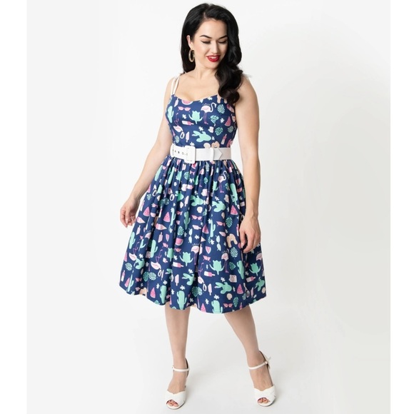 COLLECTIF Jade Summer Flamingo Swing Dress in Navy NWT Size XS - Picture 14 of 15